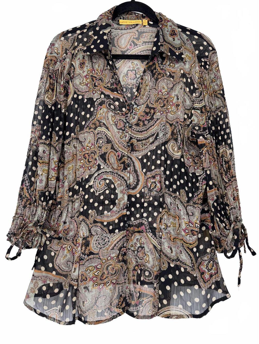 Vintage Lloyd Williams Ruffle Hem Blouse Boho paisley polka dot size XL